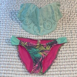 Turquoise Removable Strap Bikini Top and Tropical Print Bottoms